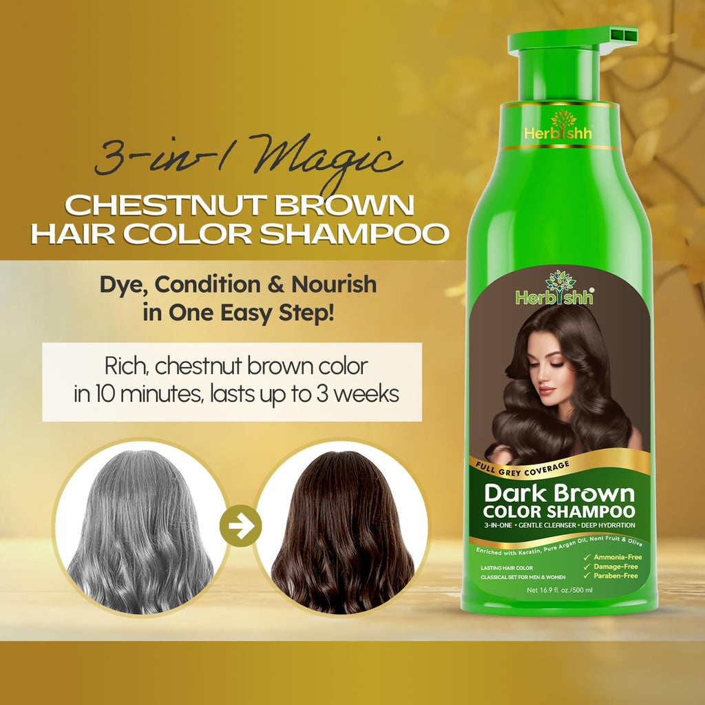 Herbishh Hair Color Shampoo for Gray Hair – Natural Hair Dye Shampoo – Lasts Up To 3-4 Weeks – 500ML – 3-In-1 Hair Color – Colors, Cleanses, and Conditions (Dark Brown Gift Set)