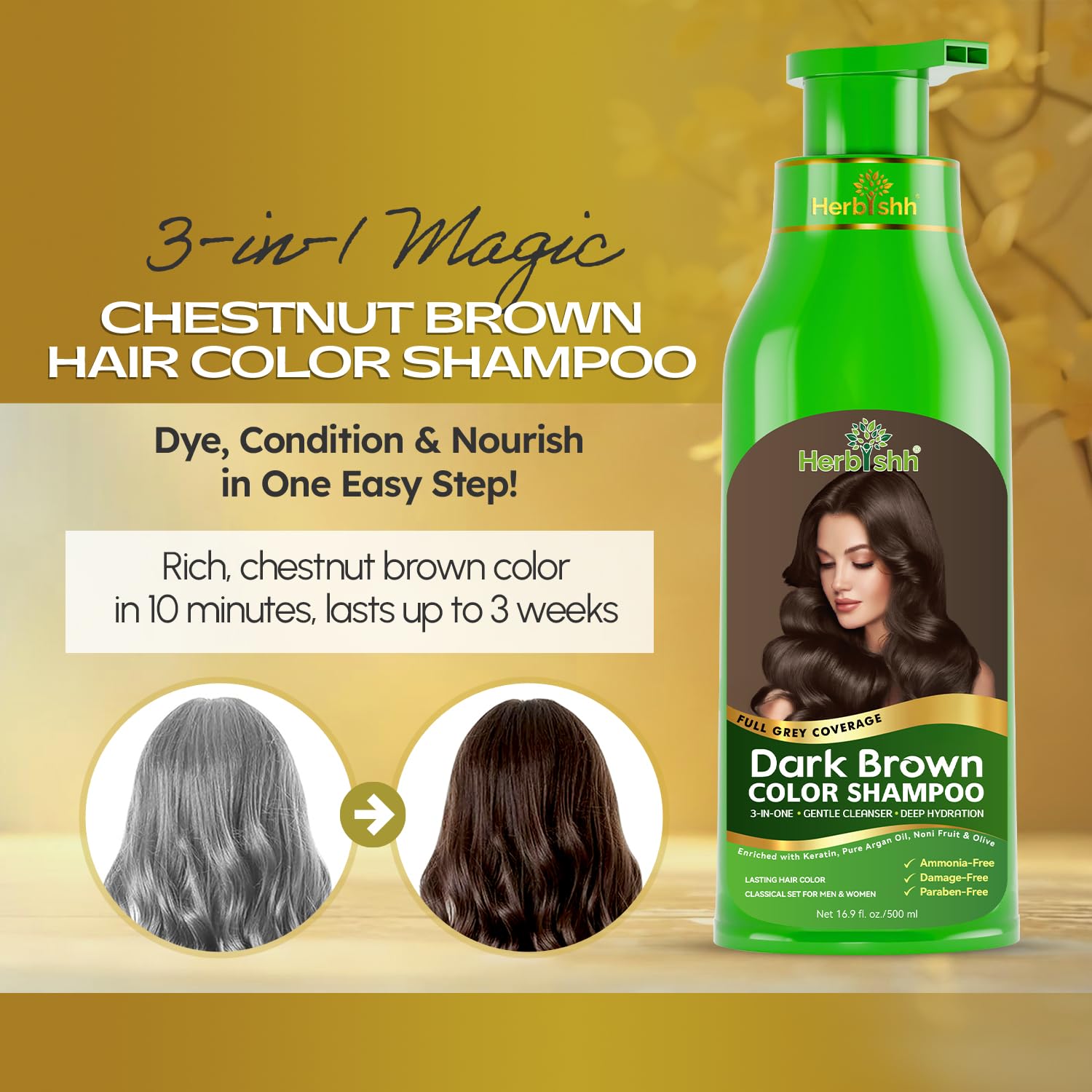 Herbishh Hair Color Shampoo for Gray Hair – Natural Hair Dye Shampoo – Lasts Up To 3-4 Weeks – 500ML – 3-In-1 Hair Color – Colors, Cleanses, and Conditions (Dark Brown Gift Set)