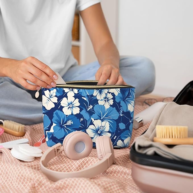 Dultua Mothers Day Gifts Makeup Bag Purse Cosmetic Bag Travel Toiletry Leather Make Up Bags for Mom Wife Women Daughter Blue Hibiscus