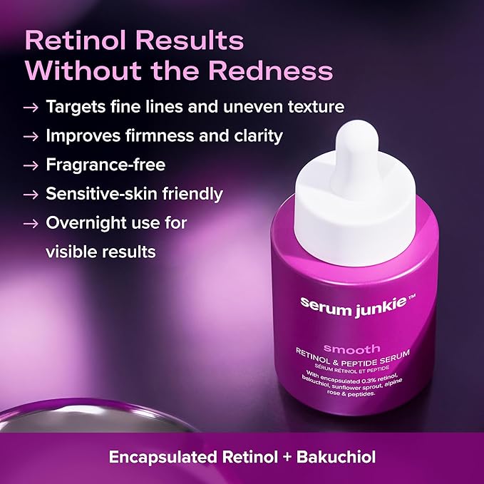 Serum Junkie Smooth Retinol and Peptide Serum with Encapsulated Retinol, Bakuchiol, Matrixyl 3000, Melatonin and Vitamin E, Targets Fine Lines, Uneven Texture, Dullness, 1 fl oz