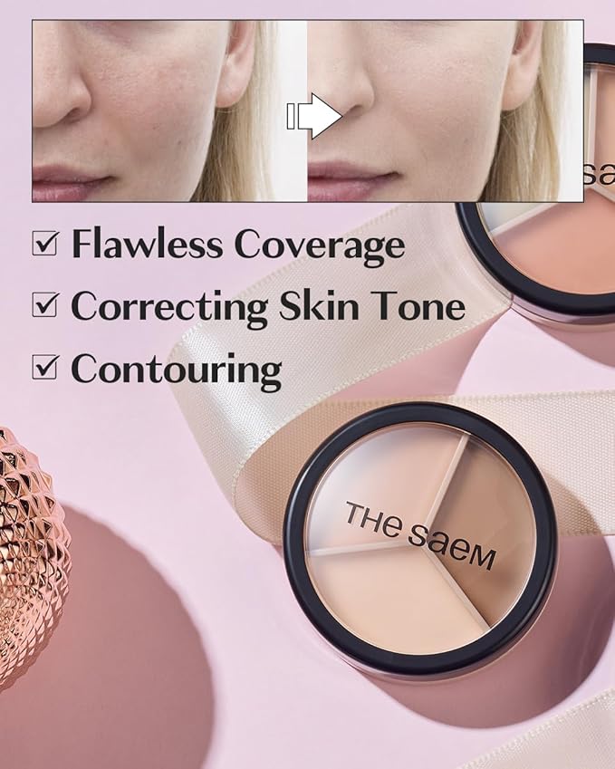 THESAEM Cover Perfection Triple Pot Concealer 2-Pack Set - 01 Correct Beige & 02 Contour Beige Bundle - 6-Color Multi Concealer Palette Kit - Korean Makeup with Sweet Almond Oil for Complete Coverage