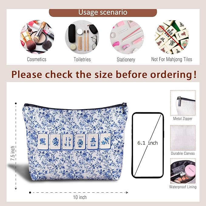 Zomhix Blue and White Chinoiserie Mahjong Makeup Bag, Mahjong Gifts for Women Cosmetic Bags, Gifts for Mah Jong Players Lovers Makeup Zipper Pouch