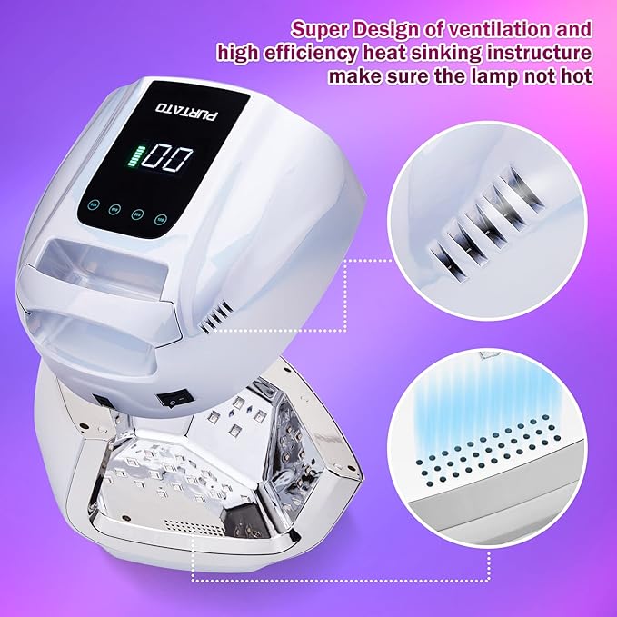 PURTATO Professional Rechargeable 96W UV LED Portable Cordless UV Light for Nail Lamp Machine with Removable Stainless Steel Bottom,4 Timer Setting and Smart Sensor Nail Dryer (Plating Silver)