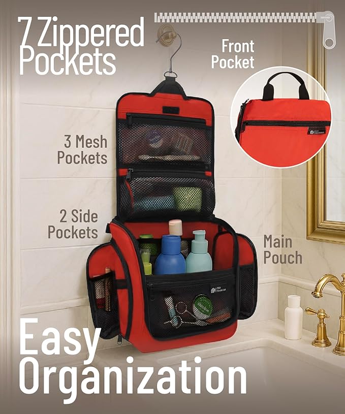 DD D&D Wanderlust D&D Hanging Travel Toiletry Bag for Men and Women – Cosmetics, Makeup and Toiletries Organizer Kit with 10 Compartments, Red, Medium
