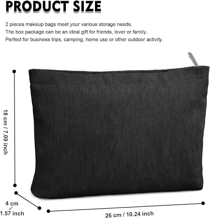 FITDON 2PCS Cosmetic Bags for Women Makeup Bag for Purse Small Corduroy Makeup Pouch Travel Make Up Bag with Zipper Toiletry Bag Organizer, Black