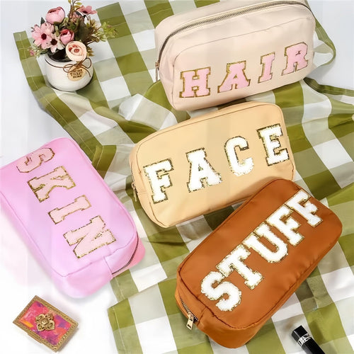4 Pcs Nylon Cosmetic Bags Travel Organizer Chenille Letter Makeup Pouch Zipper Preppy Waterproof Hair Bag Toiletry Pouch for Women Girls Coffees