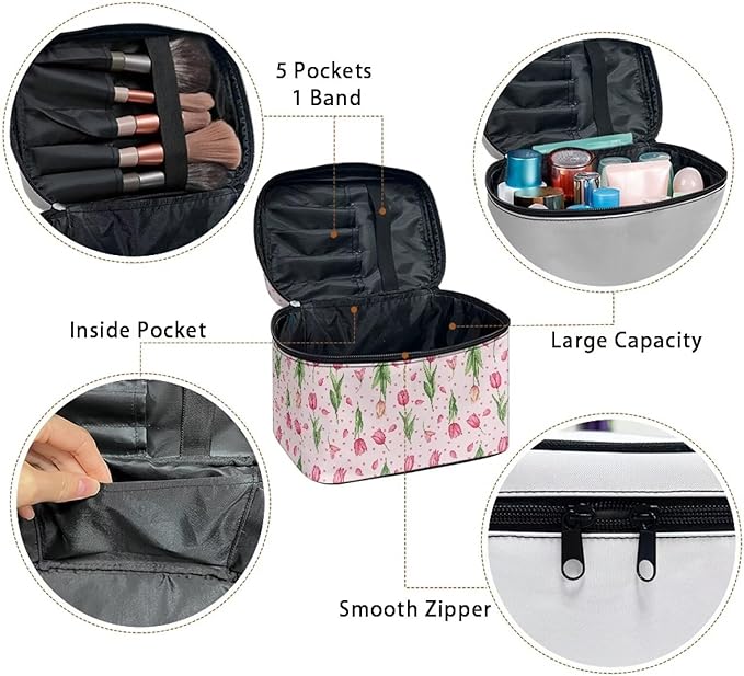 Drydeepin Pink Tulip Floral Heart Print Travel Makeup Bags for Women Portable Tote Cosmetic Case with Carry Handle Toiletry Accessories Storage Organizer Bags for Valentine's Day Mother's Day