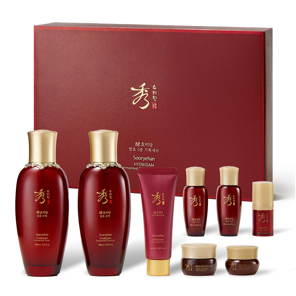 Sooryehan Hyobidam Fermented Skincare Trial Kit (Pack of 4) - Korean Skincare Miniature Set: Toner, Emulsion, Cream & Cleansing Foam - Hydration & Elasticity, Travel Size Gift Set