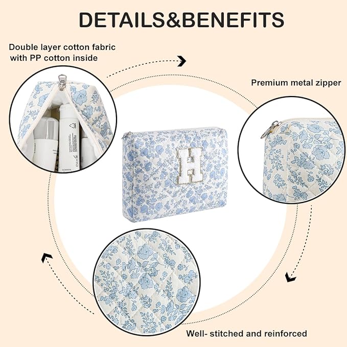 WHHJM Alphabet Makeup Bag Cosmetic Bag for Women, Christmas Gifts for Age 11-18, Personalized Floral Coquette Travel Bag, Trendy Stuff Zipper Make Up Pouch Organizer Bag (Blue Floral H)