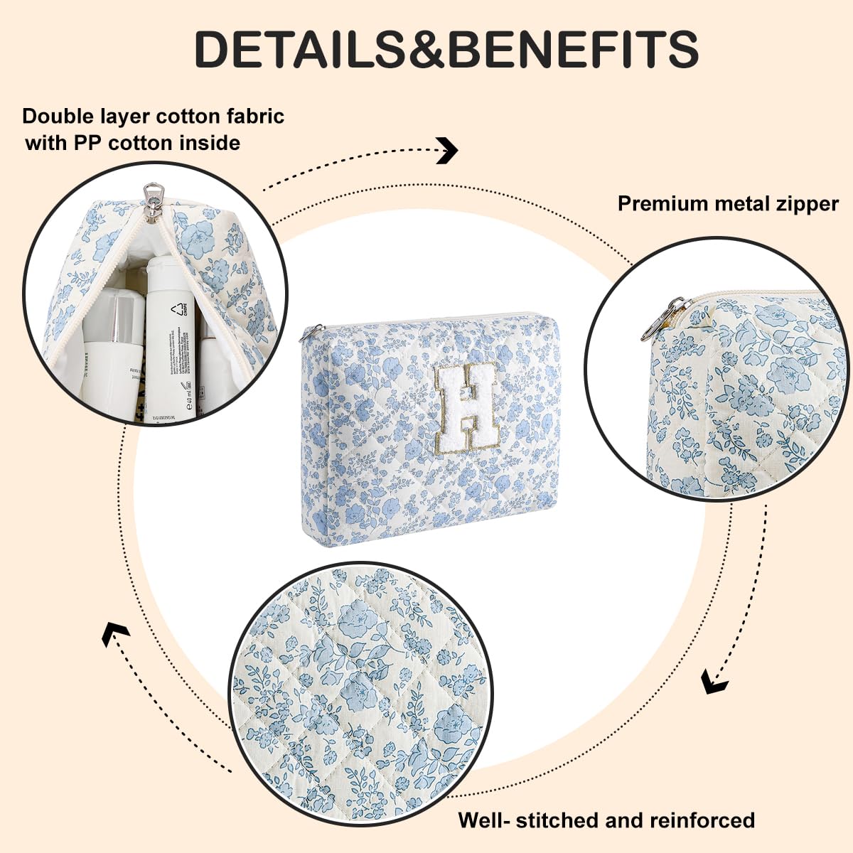 WHHJM Alphabet Makeup Bag Cosmetic Bag for Women, Christmas Gifts for Age 11-18, Personalized Floral Coquette Travel Bag, Trendy Stuff Zipper Make Up Pouch Organizer Bag (Blue Floral H)
