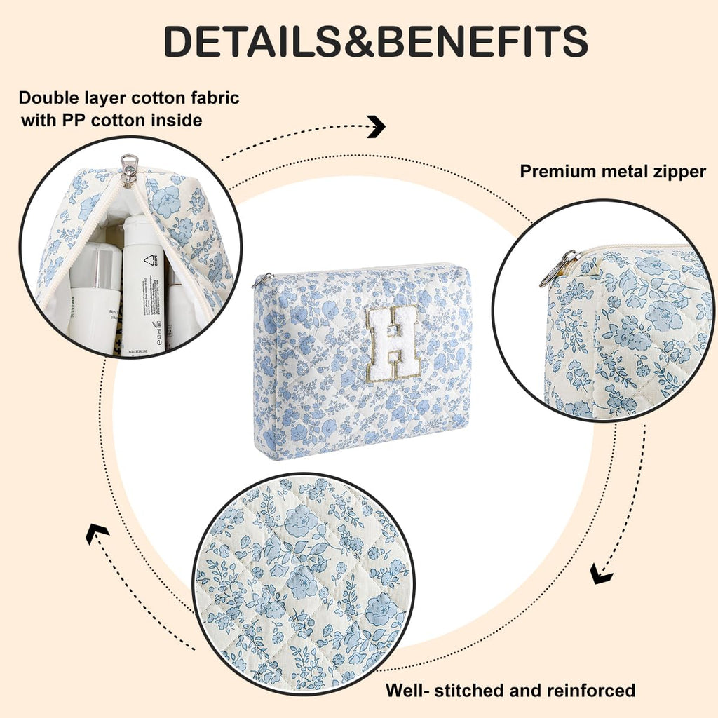 WHHJM Alphabet Makeup Bag Cosmetic Bag for Women, Christmas Gifts for Age 11-18, Personalized Floral Coquette Travel Bag, Trendy Stuff Zipper Make Up Pouch Organizer Bag (Blue Floral H)