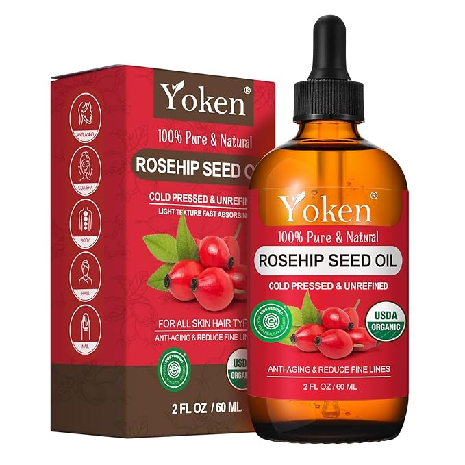 Yoken Organic Rosehip Seed Oil for Face, Skin & Hair, Cold Pressed, 2 fl oz