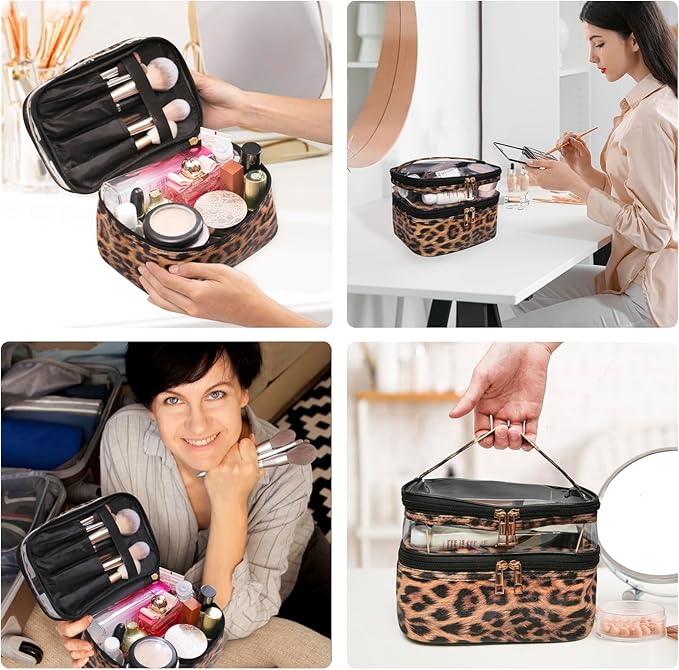 imerelez Double-layer Cosmetic Bag Makeup Bag Travel Makeup Bag Makeup Bags for Women Cosmetics Cases Portable Waterproof Foldable (Leopard)