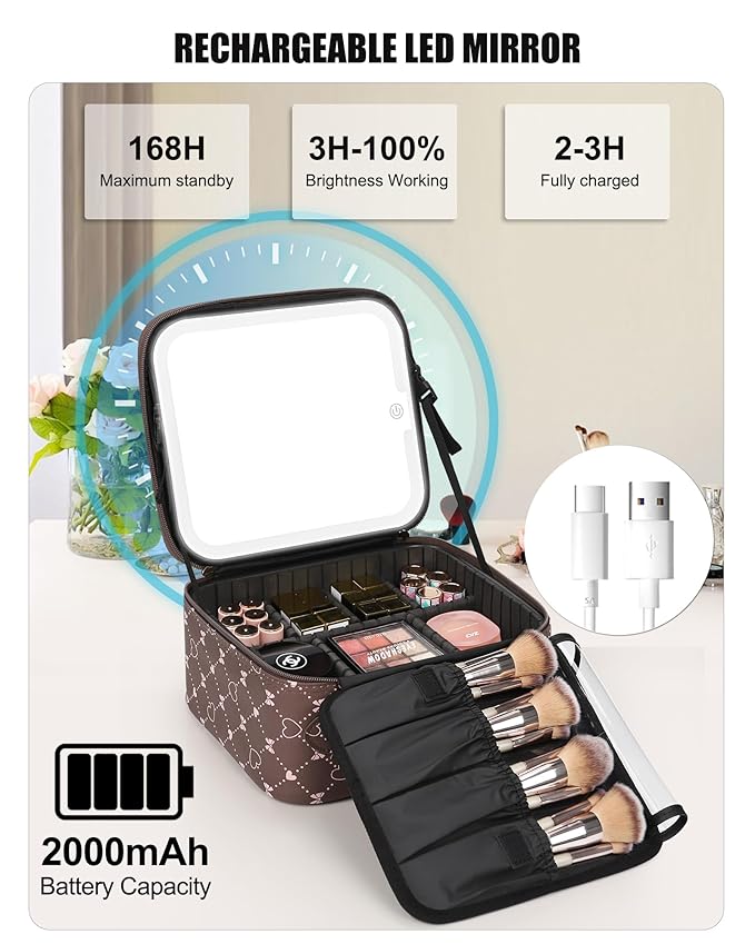 Relavel Travel Makeup Bag With LED Mirror, Brown Bowknot