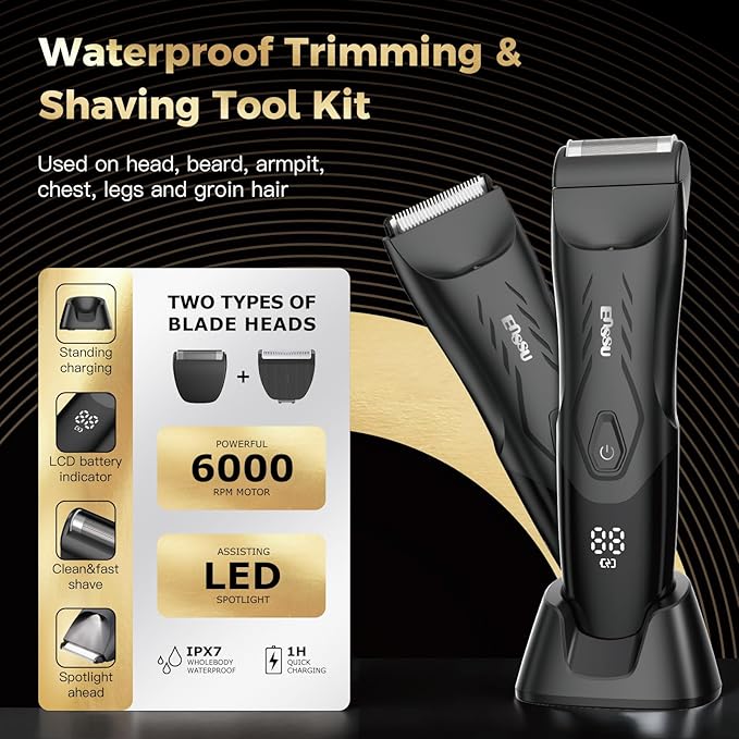 ENSSU Body Hair Trimmer for Men: 2-in-1 Manscape Trimmer & Shaver with LED Light for Ball/Pubic/Groin,Waterproof Trimmer for Men,No-Nick Shaving,Smooth Grooming