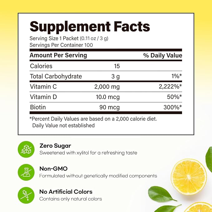 DONGKOOK Vita Pop Vitamin C 2,000mg Powder Vitamin D & Biotin, Zero Sugar, High Absorption VIT C Supplement, Immune Support, Antioxidants, Non-GMO Lemonade Drink Mix, Korean Supplements 100 Packets
