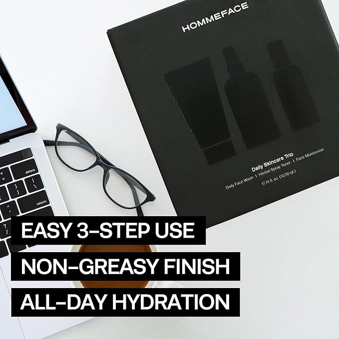 HOMMEFACE Men’s Daily Trio 3-Step Daily Routine Set with Face Wash, Herbal Spray Toner & Moisturizer - Korean Skincare Technology with CICA, Tea Tree Leaf & Witch Hazel Extracts, for All Skin Types