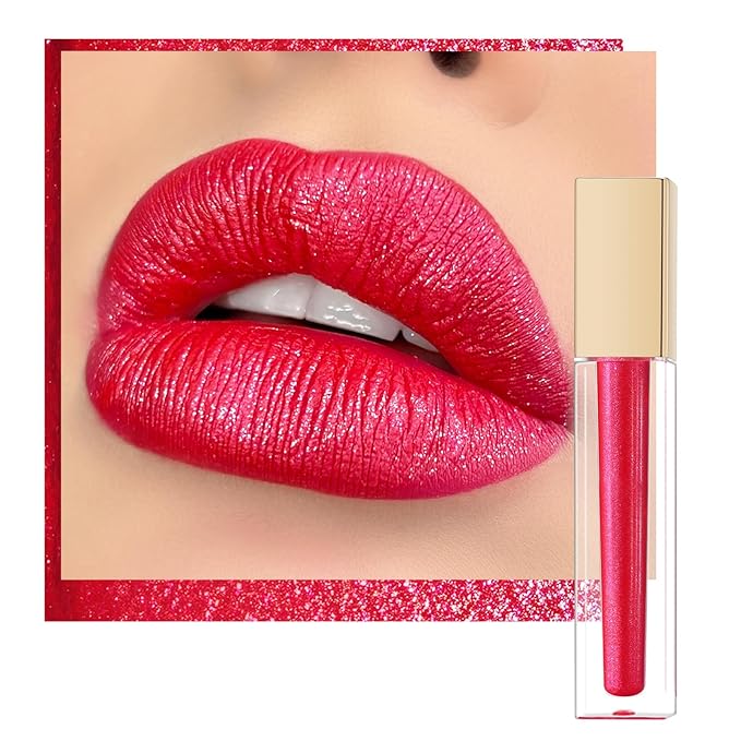 Oulac Red Lipsticks for Women Metallic Lipstick, Long Lasting Lip Gloss Waterproof, Glitter Lipstick, High Impact Lip Color, Transferproof, Vegan & Cruelty-Free Makeup MD07