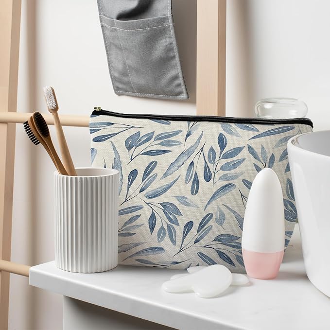 RYYCDOI Blue Floral Makeup Bag Pouch, Blue and White Chinoiserie Makeup Pouch, Floral Cosmetic Bag, Boho Botanical Leaves Cosmetic Bag for Women