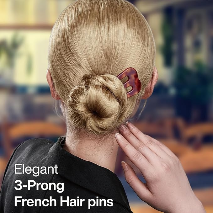 HYFEEL Large French Hair Pins for Women, 3-Prong French Pins for Thick Hair, U Shaped Hair Forks, French Twist Hair Pin Clips, Updo Hair Sticks for Buns, 2 Pcs (Tortoise, Brown)
