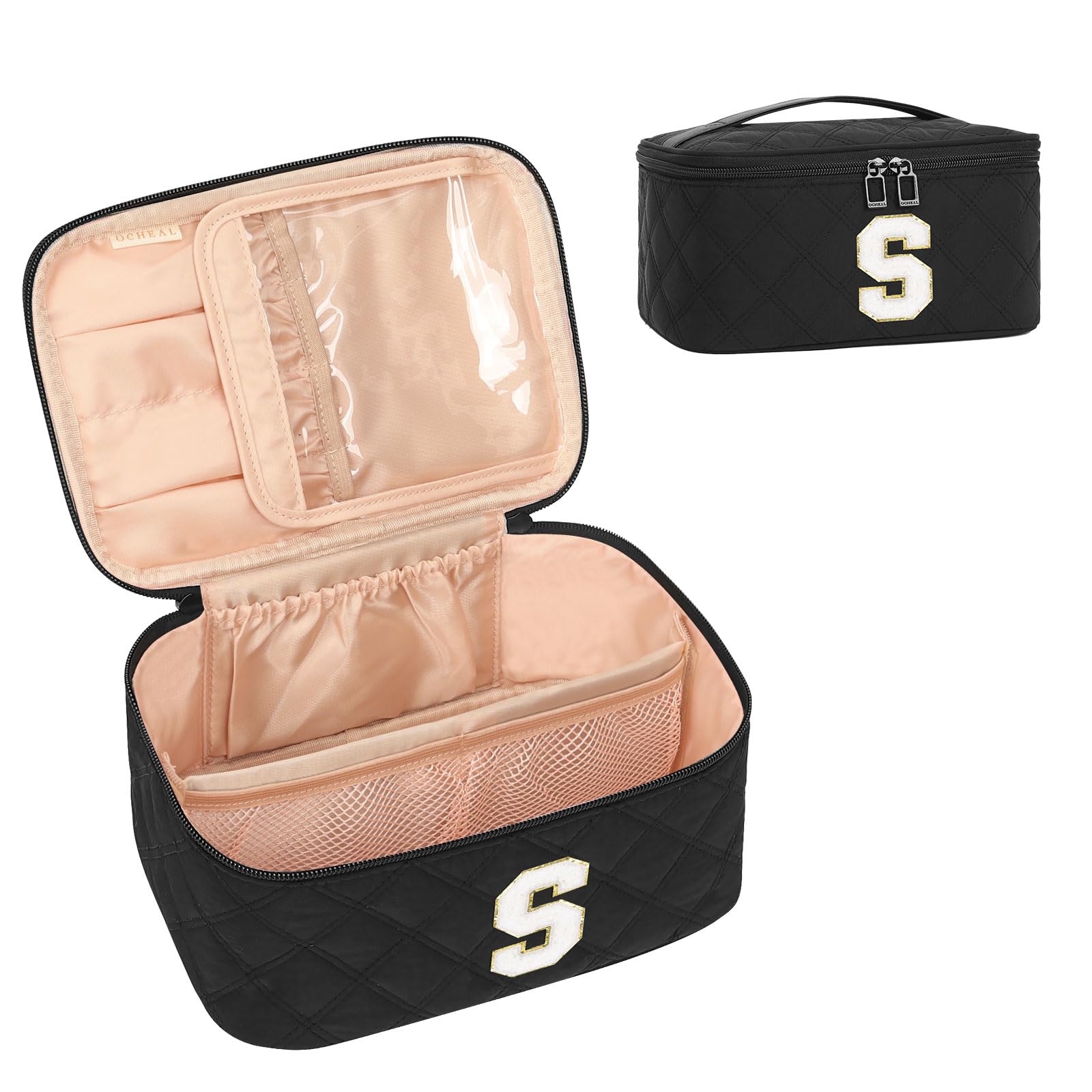 OCHEAL Makeup Bag for Women, Monogram Cosmetic Bag Black Travel Makeup Case Beauty Toiletry Bag Organizer Personalized Gifts for Girls Bridesmaid, Sister, Wife, Friends Initial S