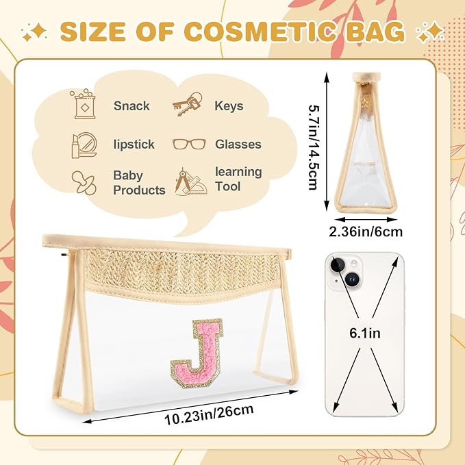 Small Boho Straw Initial Letter Makeup Bag Personalized Gift,Cute Clear Chenille Patch Makeup Bag With Zipper,Trendy TSA Approved Travel Toiletry Bag,Gift for Women Girls Birthday Friend, Letter J