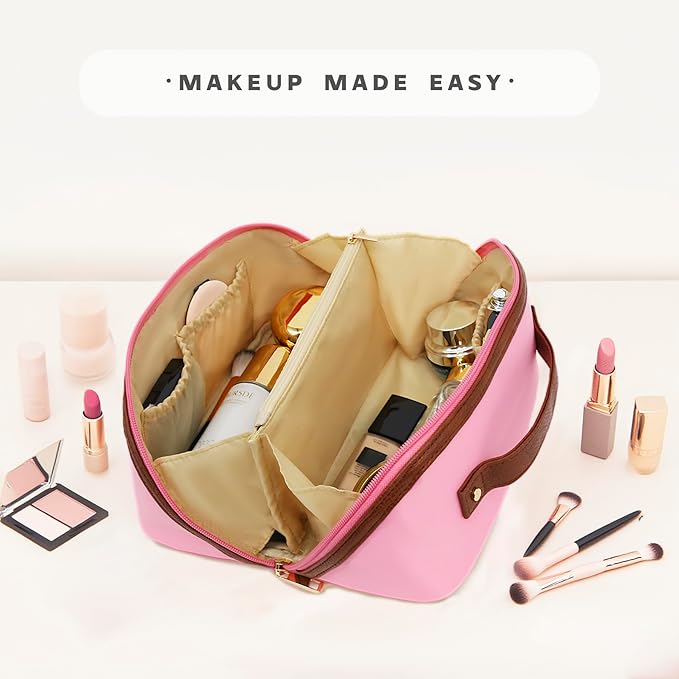 JINYIBAGS Travel Makeup Bag – Large Cosmetic Organizer with Waterproof Nylon, Smooth Double Zipper & Tear-Resistant Lining, Toiletry Pouch for Women (Pink)