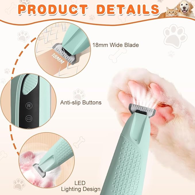 JNEKWOZ Professional Dog & Cat Trimmer - Quiet Electric Pet Grooming Kit for Ears/Eyes/Paws with LED Light - Cordless Battery-Powered Fur & Nail Clipper for Small/Large Breeds(Blue)