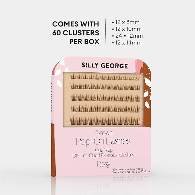 Silly George Pop-On Lashes - DIY 1-Step Pre-Glued Faux Eyelash Clusters, Natural Look Extensions, Light Brown - Rosy, 5-7 Pair Set, Pack of 60 Clusters