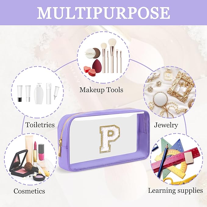 Small Clear Personalized Initial Makeup Bag,Preppy Nylon A-Z Chenille Letter Patch Makeup Organizer TSA Approved Travel Toiletry Bag,Waterproof Zip Beach Cosmetic Pouch Purse for Women(Purple-White P)