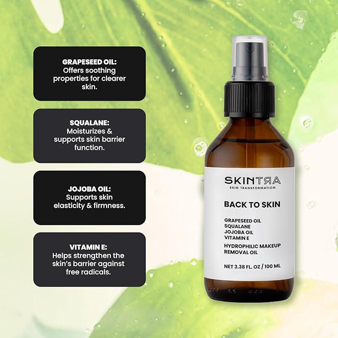 SkinTra - Back To Skin - Makeup Removing Oil with Squalane & Vitamin E, Gentle Cleansing for All Skin Types - Safe for Sensitive Areas – No Greasy Residue 100 ml/Net 3.38 Fl. Oz