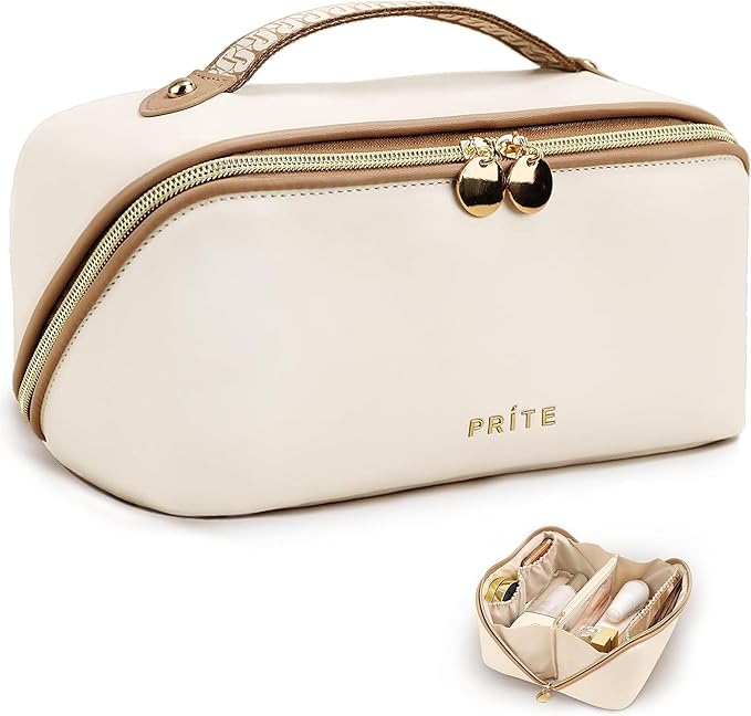 Prite Makeup Bag Travel Toiletry Bag Open Flat Cosmetic Organizer for Women