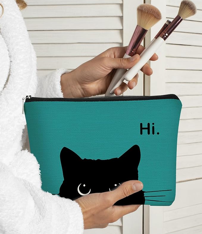 BARPERY Cat Makeup Bag - Cute Cosmetic Pouch for Cat Lovers, Black Kitty Design, Hi Kitty Gift for Women (Bluish Blue, Beige)