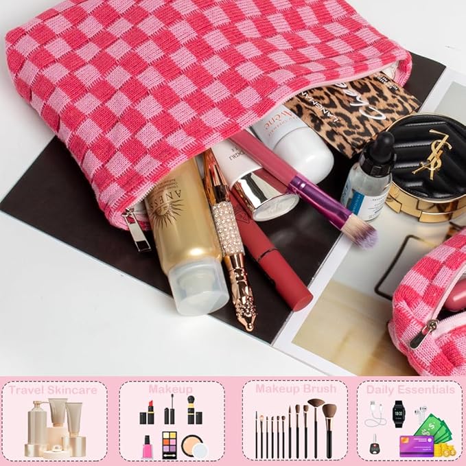 FFpaw 2 Pieces Makeup Bag Set, Small Pink Checkered Cosmetic Bag Travel Toiletry Organizer Mini Cosmetic Pouch Case Makeup Brushes Cute Quilted Aesthetic Accessories Storage Bag for Women