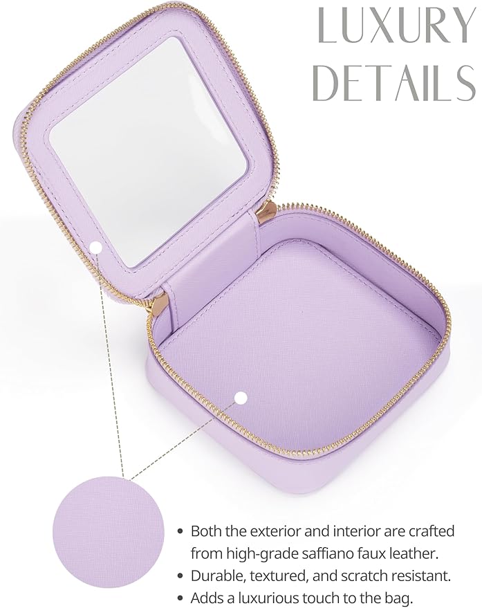 Small Cosmetic Bag for Purse Mini Makeup Bag for School Cute Clear Make Up Pouch for Travel Tiny Leather Purple Make Up Organizer Case for Backpack Toiletry Bag Waterproof Square Pouch with Zipper