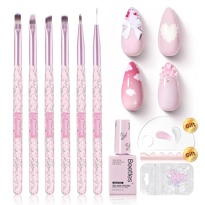 Beetles Gel Polish Nail Art Brushes Set 6 Pcs Nail Brush and 8 ml Pink