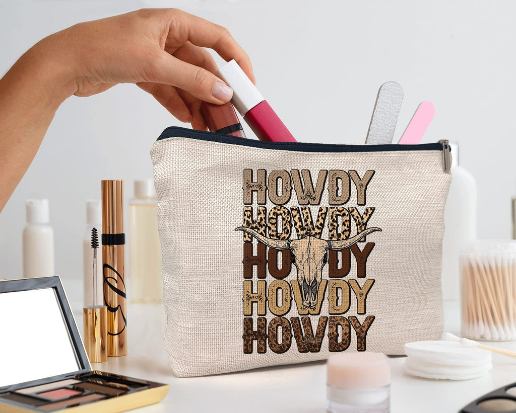 IWXYI Retro Western Leopard Cow Skull Howdy Decor Makeup Bag,Vintage Western Cowboy Howdy Women'S Make up Bag Zipper Pouch Travel Toiletry Gifts For Women Teenage Girls Girl