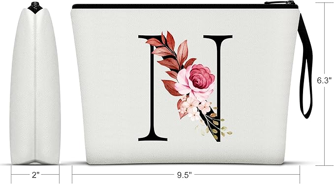 Vavabox A-Z Personalized Makeup Bag, Birthday Gifts for Women Mom, Gifts for Best Friend, Bride Bridesmaid Cosmetic bag (N, 01-White)