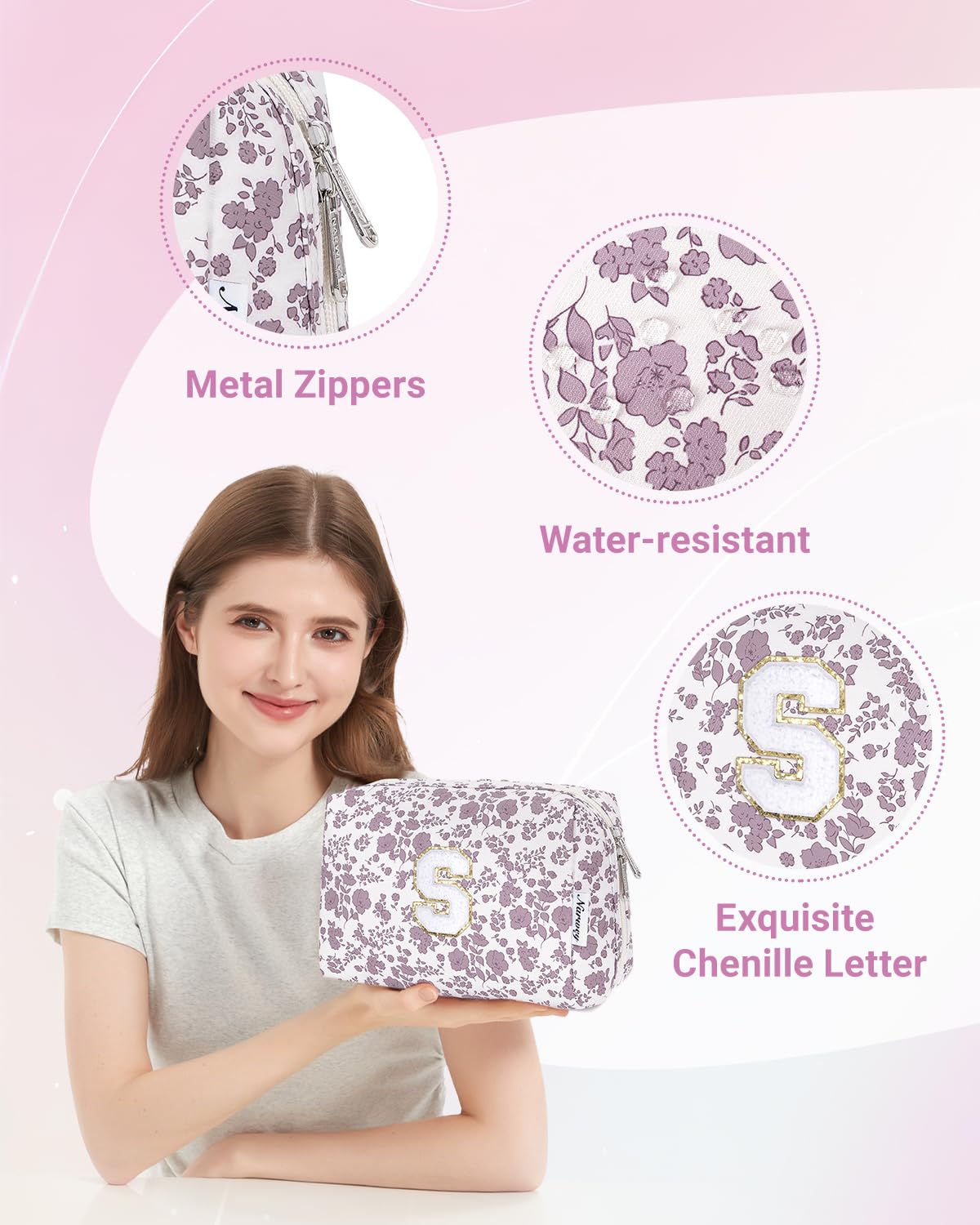 Narwey Birthday Gifts for Teen Girls Kids Women Personalized Initial Floral Makeup Bag Cute Cosmetic Trendy Stuff 6 8 10 11 12 13 14 16 18 Years Old Travel Toiletry Bag (Little Dusty Pink Flower S)
