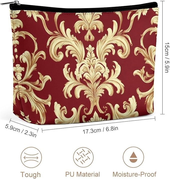 Meaudiwes Fashion Zipper Cosmetic Case, Portable Makeup Case, Personality Toiletry Bag, Travel Cosmetic Toiletry Bag Flower Red Gold Floral Classy Burgundy Antique