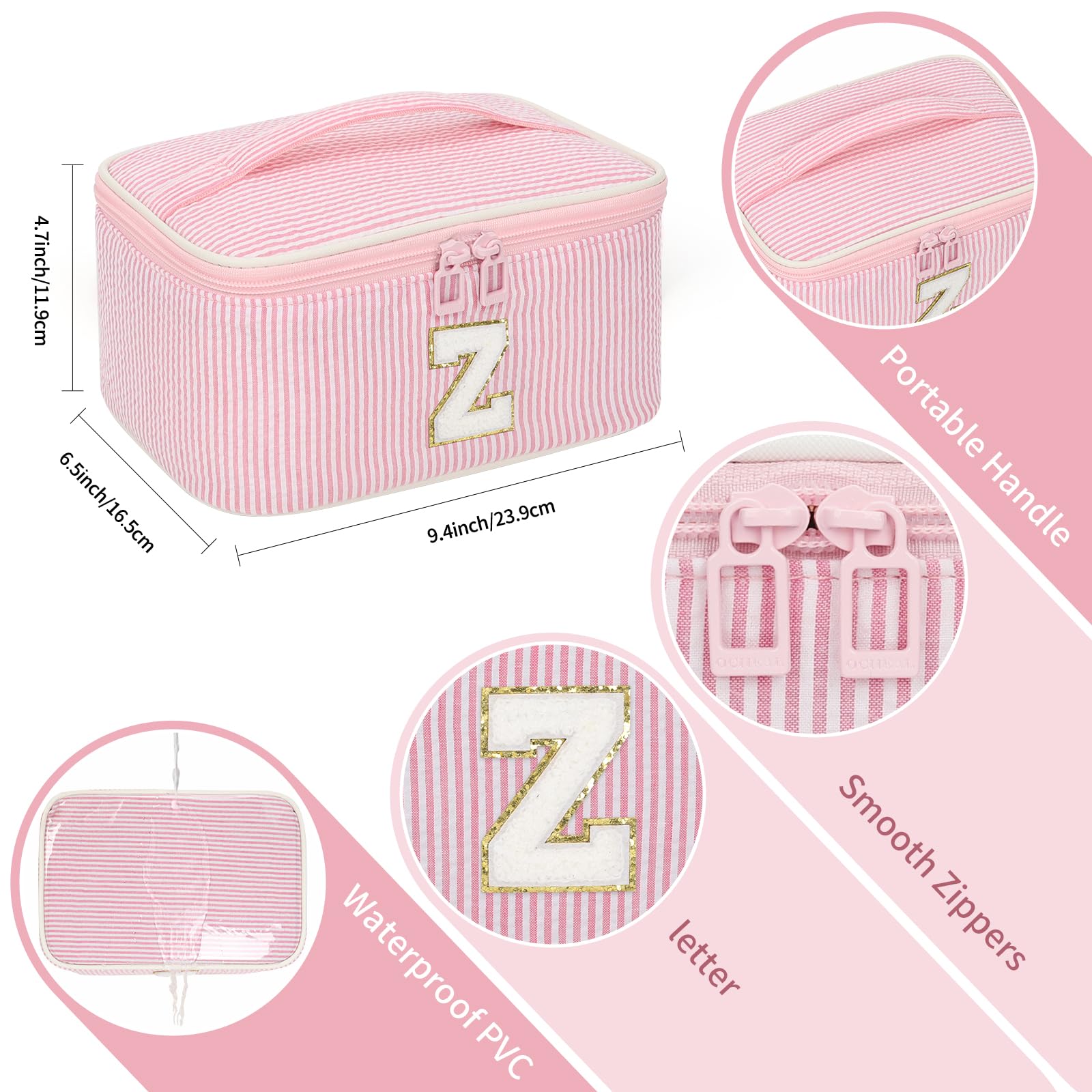 OCHEAL Makeup Bag for Women, Monogram Cosmetic Bag Pink Travel Makeup Case Beauty Toiletry Bag Organizer Personalized Gifts for Girls Bridesmaid, Sister, Wife, Friends Initial Z