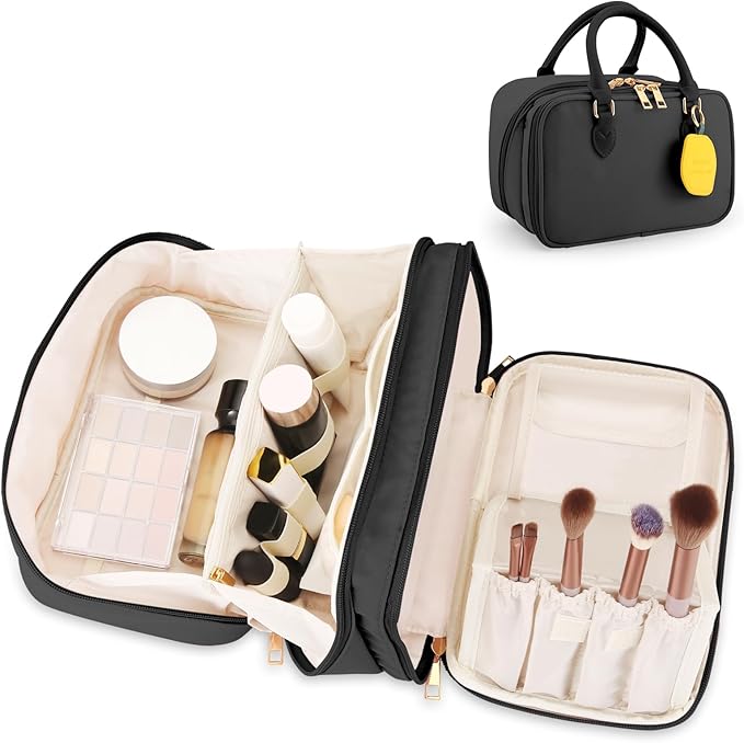 HauteHues Travel Makeup Bag for Women Stand Up Cosmetic Toiletry Case Black