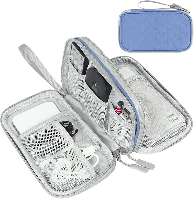 FYY Electronic Organizer, Travel Tech Pouch Bag, Medium, Blue Quilted