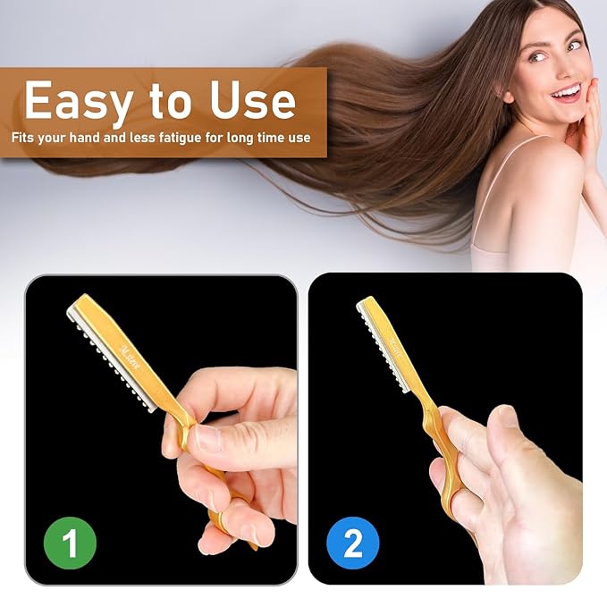 Hair Razors For Cutting Hair 6.89", Professional Styling Razor with Replacement Stainless Steel Blades for Salon/Home -11PCS Gold