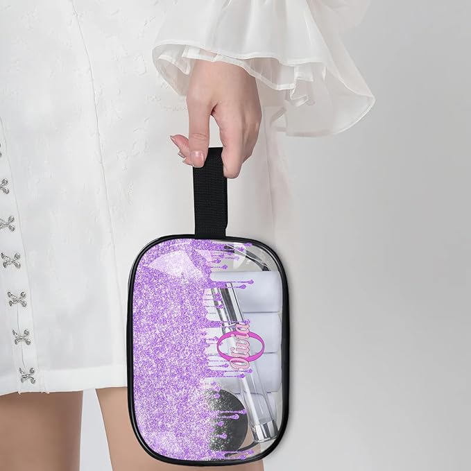 KFNHN Personalized Travel Cosmetic Bag Waterproof Makeup Bags, Custom Name Clear PVC Organizer Case Toiletries Container Bag, Romantic Purple Curtain Glittering