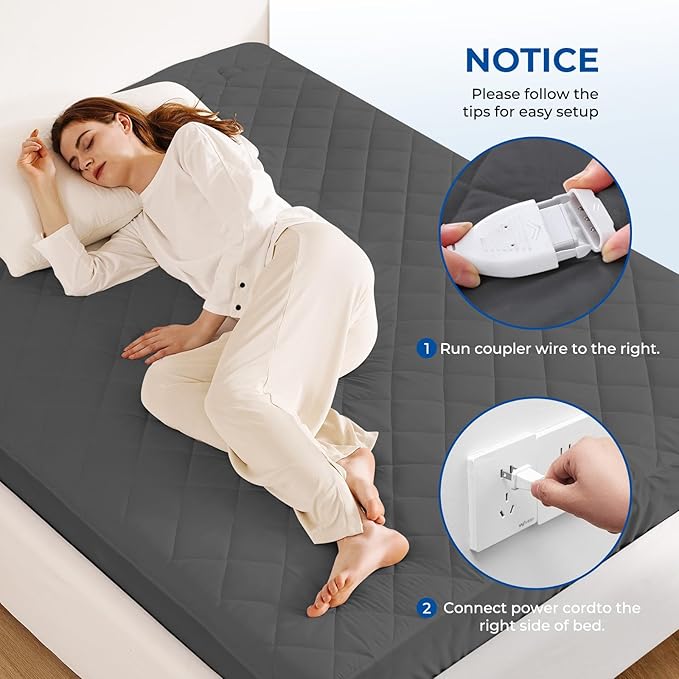 Heated Mattress Pad Twin Size Quilted Heating Electric Bed Warmer Luxury Comfort Heat Mattress Pad Cover Single Controller（12 Heat Setting | 1-12 Hours Auto Shut Off | with 8-21 Inch Deep Pocket）Gray