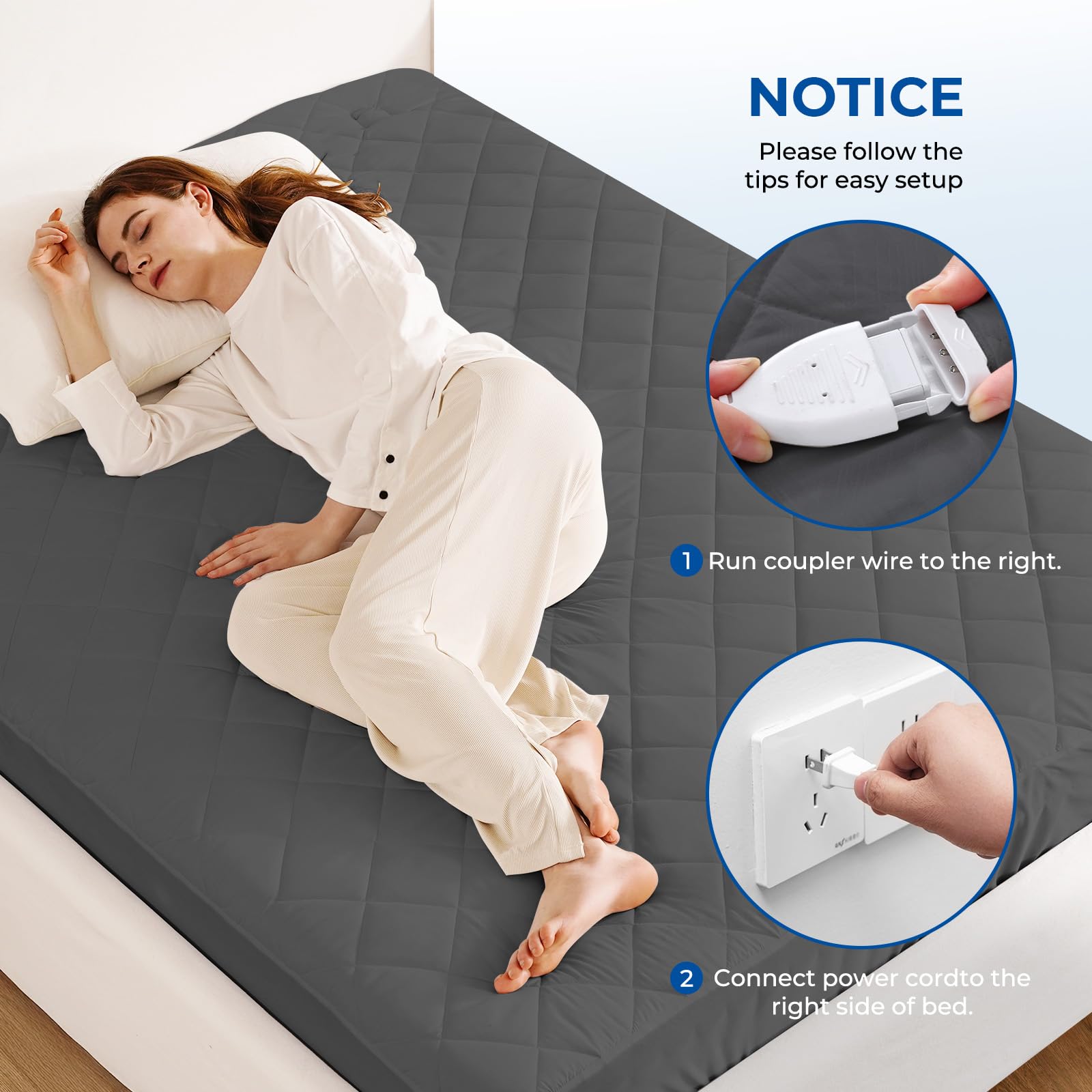 Heated Mattress Pad Twin Size Quilted Heating Electric Bed Warmer Luxury Comfort Heat Mattress Pad Cover Single Controller（12 Heat Setting | 1-12 Hours Auto Shut Off | with 8-21 Inch Deep Pocket）Gray