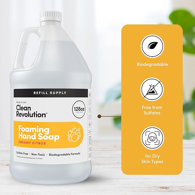 Clean Revolution Foaming Hand Soap Refill with Real Essential Oils, Moisturizing Sulfate-Free Hand Soap, Ready-to-Use Foam Soap Refill for Kitchen & Bathroom, Dreamy Citrus (128oz, 4 Pack)