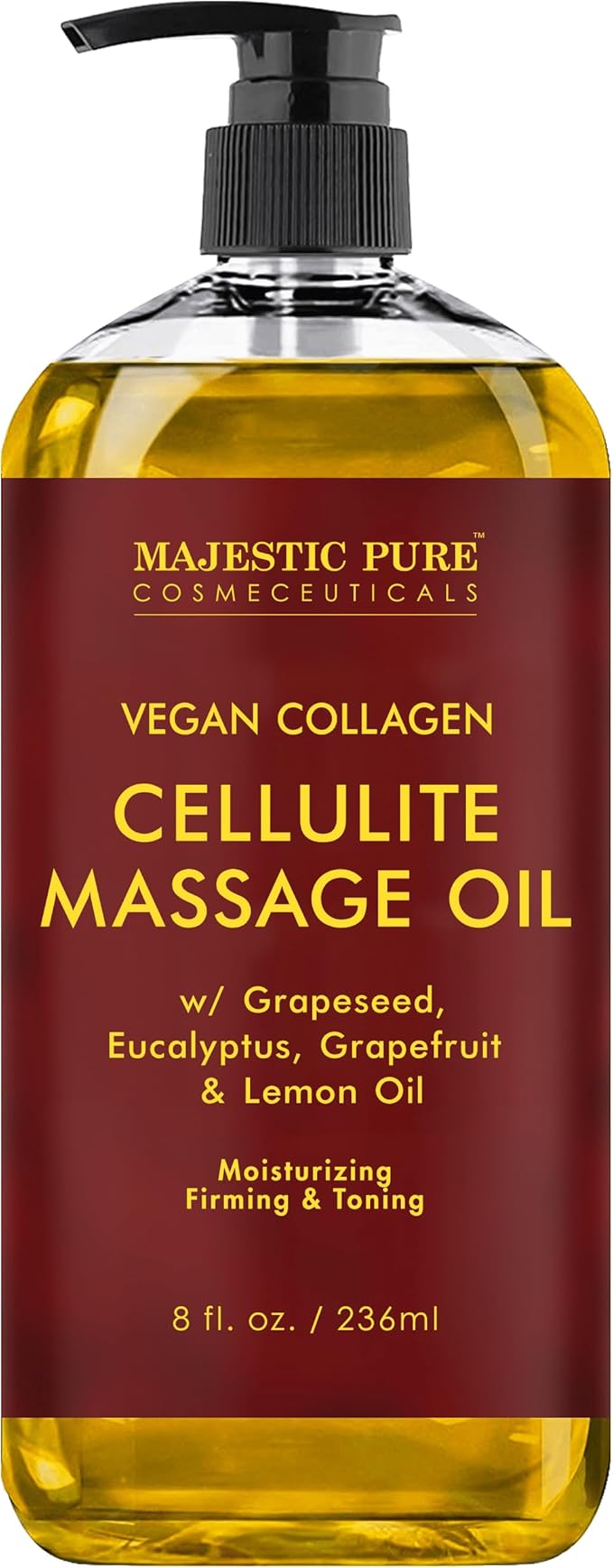 Majestic Pure Firming Body Massage Oil- Helps Smooth the Appearance of Cellulite & Improve Skin Texture- Natural Oils with Collagen- Refreshing Aromatherapy Body Oil for Legs & Full Body - 8 fl oz