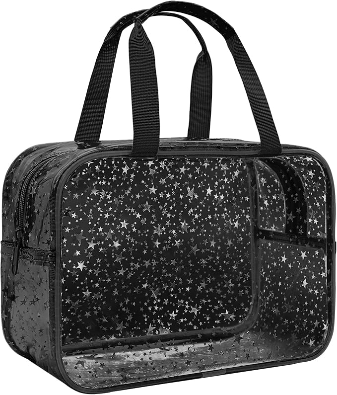 Junesters Clear Black Star Large Makeup Bag with Star Pattern 12x5x8 inch, Travel Cosmetic Bag with Handle, Durable PVC Material Washbag Zipper Opening Design for Makeup Travel Organizer or Gym Use